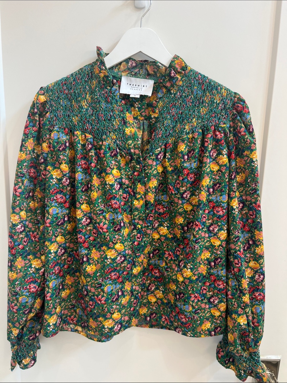 The Shirt Green Floral Smocked Blouse with Yellow & Pink Blooms